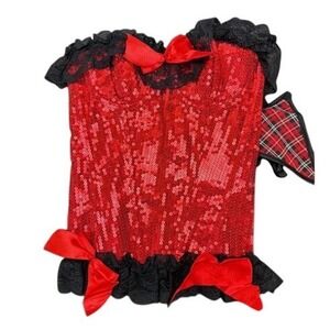 Daisy Corsets Red Sequins Black Lace Ruffle Garter Belts Thong Medium Burlesque